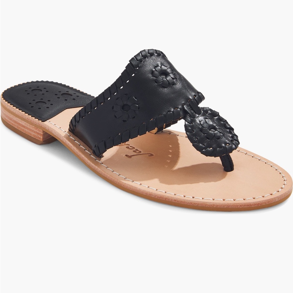 JACK ROGERS Flat Sandal in Black Leather Thong Sandals 8 VGC